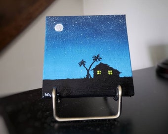 Mini Painting - Beach Painting, 4x4 Mini Acrylic Painting, Ocean Theme, Tiny Art, Desk Art, Dorm Art, Mini Canvas, Palm Tree, Mini Painting