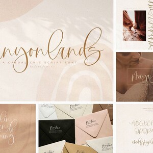 May include: A font design called "Canyonlands" in a casual chic script style. The font is shown in a variety of examples, including a wedding invitation, a logo, and a handwritten note. The font is available for purchase.