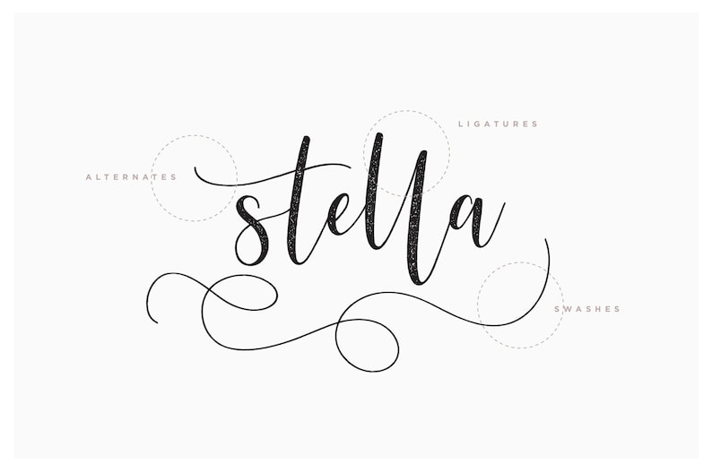 May include: A handwritten font called "Stella" with examples of ligatures, alternates, and swashes.