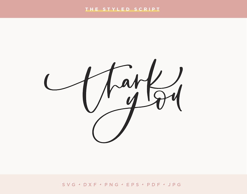 May include: A black and white calligraphy design that says "Thank you".