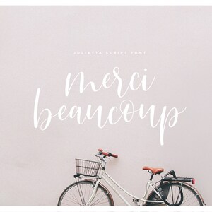 May include: A white bicycle with a basket and a brown seat is parked in front of a light pink wall with the text "Merci beaucoup" written in white cursive script.