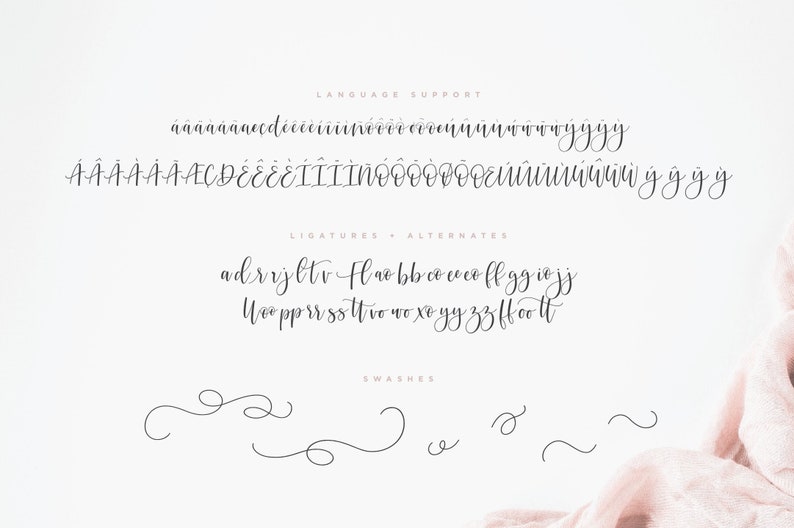 May include: A font alphabet chart with lowercase and uppercase letters, ligatures, alternates, and swashes. The font is a cursive script style.