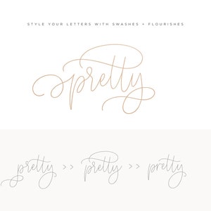 May include: A calligraphy font called "Pretty" with a swash and flourish. The word "pretty" is written three times with different styles of swashes and flourishes.