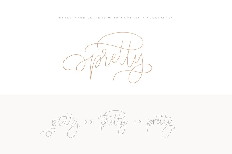 May include: A calligraphy font called "Pretty" with a swash and flourish. The word "pretty" is written three times with different styles of swashes and flourishes.