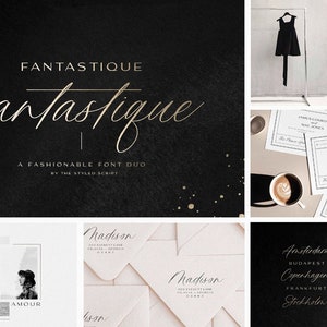 May include: A black and white image of a handwritten font called "fantastique" with a gold glitter background. The font is a script style and is described as a "fashionable font duo".