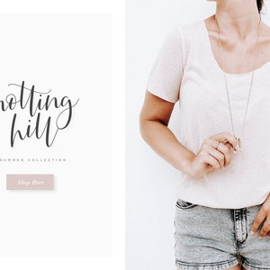 May include: A white background with the text "notting hill" in black cursive script. Below the text is the phrase "A Summer Collection" in smaller black text. Below that is a button that says "Shop Here" in white text on a light pink background.