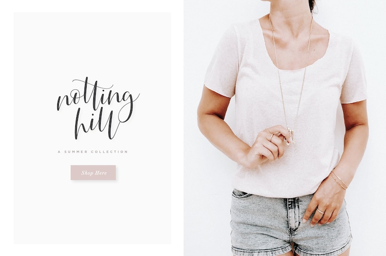 May include: A white background with the text "notting hill" in black cursive script. Below the text is the phrase "A Summer Collection" in smaller black text. Below that is a button that says "Shop Here" in white text on a light pink background.