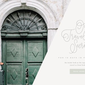 May include: A green wooden door with a decorative iron grate above it. The door is set in a white stone archway. Text overlayed on the image reads "Our Travel Secrets for 10 Days in Portugal. An inside look at the top places to travel to from Lisbon. Read More."