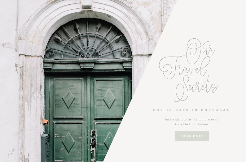 May include: A green wooden door with a decorative iron grate above it. The door is set in a white stone archway. Text overlayed on the image reads "Our Travel Secrets for 10 Days in Portugal. An inside look at the top places to travel to from Lisbon. Read More."