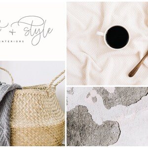 May include: A close-up of a woven basket with a gray blanket inside. The basket is sitting on a white surface. The image also includes a cup of coffee and a wooden spoon on a white blanket, and a close-up of a cracked and chipped white wall.