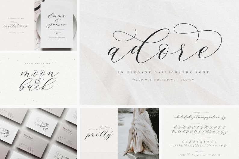 May include: A calligraphy font called "adore" in black script on a white background. The text "An Elegant Calligraphy Font" is below the font name. The text "Weddings | Branding | Design" is below the previous text. The font is shown in a variety of examples, including "invitations", "moon & back", "pretty", and a full alphabet and number set.