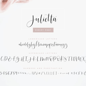May include: A font alphabet chart showing the lowercase and uppercase letters of the font "Julietta" in black script font. The font also includes numbers and punctuation marks.