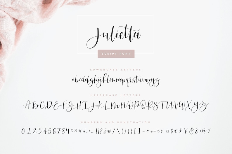 May include: A font alphabet chart showing the lowercase and uppercase letters of the font "Julietta" in black script font. The font also includes numbers and punctuation marks.