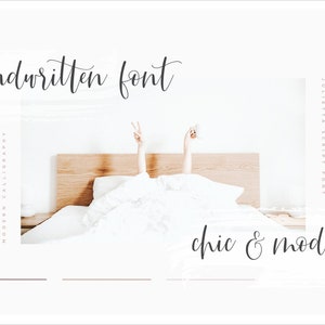 May include: Handwritten font called "Julietta Script Font" in a modern calligraphy style. The text reads "handwritten font" and "chic & modern". The image shows a bed with white bedding and a wooden headboard.