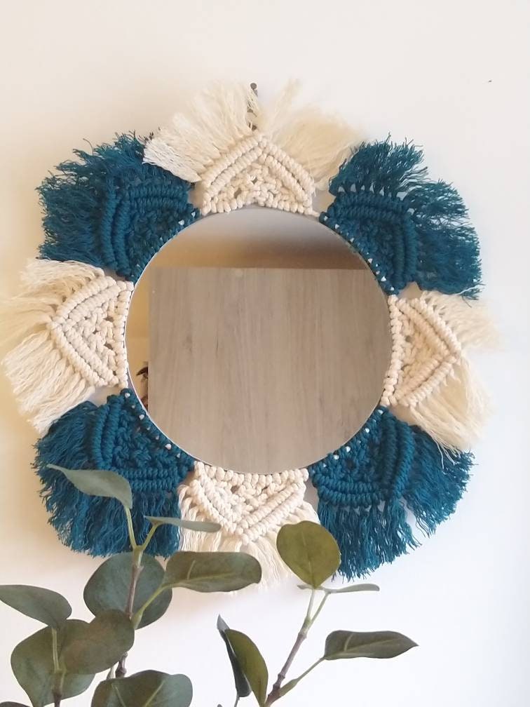 Miroir Macramé Blanc et Bleu Canard