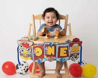 Toy Story Kinderhochstuhl Banner ersten Geburtstag Kinderhochstuhl Dekor Toy Story Geburtstagsbanner ONE Banner Cowboy Theme ersten Geburtstag Party Dekor