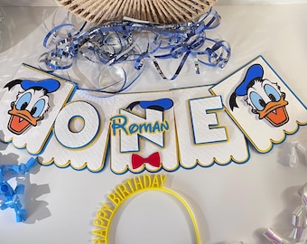 Faixa para cadeirão do Pato Donald, faixa de aniversário do Pato Donald, bandeirolas para cadeirão de aniversário de 1 ano do Pato Donald, decoração de festa Disney, adereço para fotos, bolo para smash the cake.