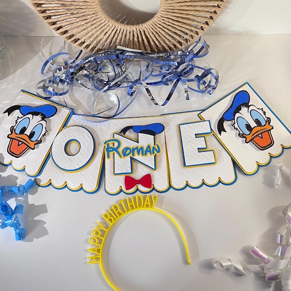 Banner de silla alta del Pato Donald Banner de cumpleaños del Pato Donald Banderín de silla alta del primer cumpleaños del pato Decoración de fiesta de Disney Accesorio de foto Pastel Smash