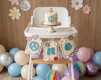 Groovy One Birthday Banner, Retro Daisy First Birthday Decor, Pastel Blue 3D High Chair Garland, Peace and Love Disco Theme Party Decoration