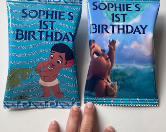 Bolsas de chips para fiesta de cumpleaños de Moana hechas a mano: decoración personalizada para fiestas