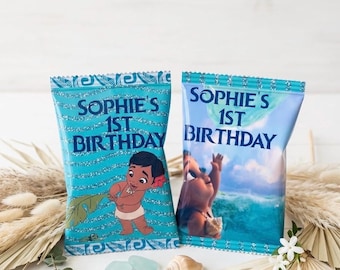 Bolsas para papas fritas de Moana, personalizadas, ideales para fiestas de cumpleaños. Bolsas para snacks personalizadas. Decoración para el primer cumpleaños de Moana. Bolsas vacías para papas fritas.