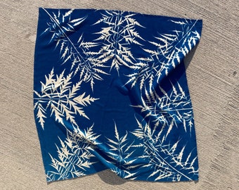 Cyanotype Soft Cotton Square Scarf with Botanical Print. Handprinted
