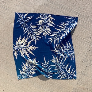 Cyanotype Soft Cotton Square Scarf with Botanical Print. Handprinted image 1