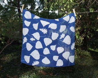 Blue Silk Scarf with Leaves Pattern. Handmade Cyanotype Print