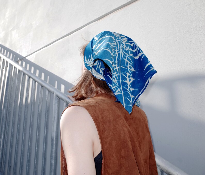 Cyanotype Soft Cotton Square Scarf with Botanical Print. Handprinted image 5