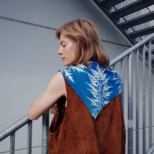 Cyanotype Soft Cotton Square Scarf with Botanical Print. Handprinted image 2