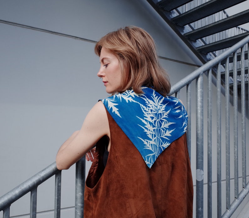 Cyanotype Soft Cotton Square Scarf with Botanical Print. Handprinted image 2