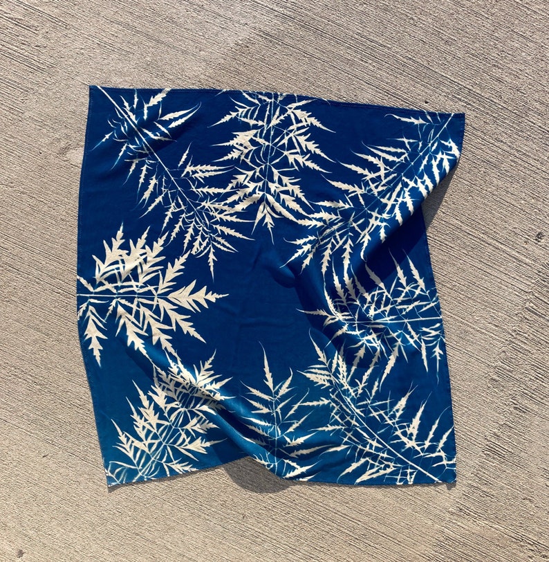 Cyanotype Soft Cotton Square Scarf with Botanical Print. Handprinted image 1