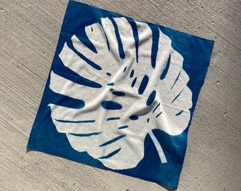 Deep Blue Handmade Silk Scarf with Monstera Deliciosa Leaf Print