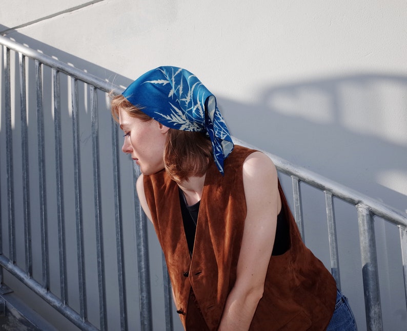 Cyanotype Soft Cotton Square Scarf with Botanical Print. Handprinted image 6