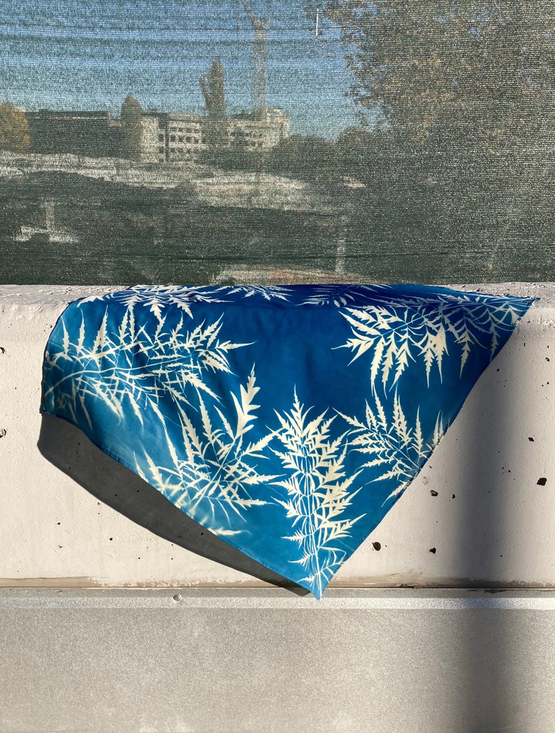 Cyanotype Soft Cotton Square Scarf with Botanical Print. Handprinted image 8