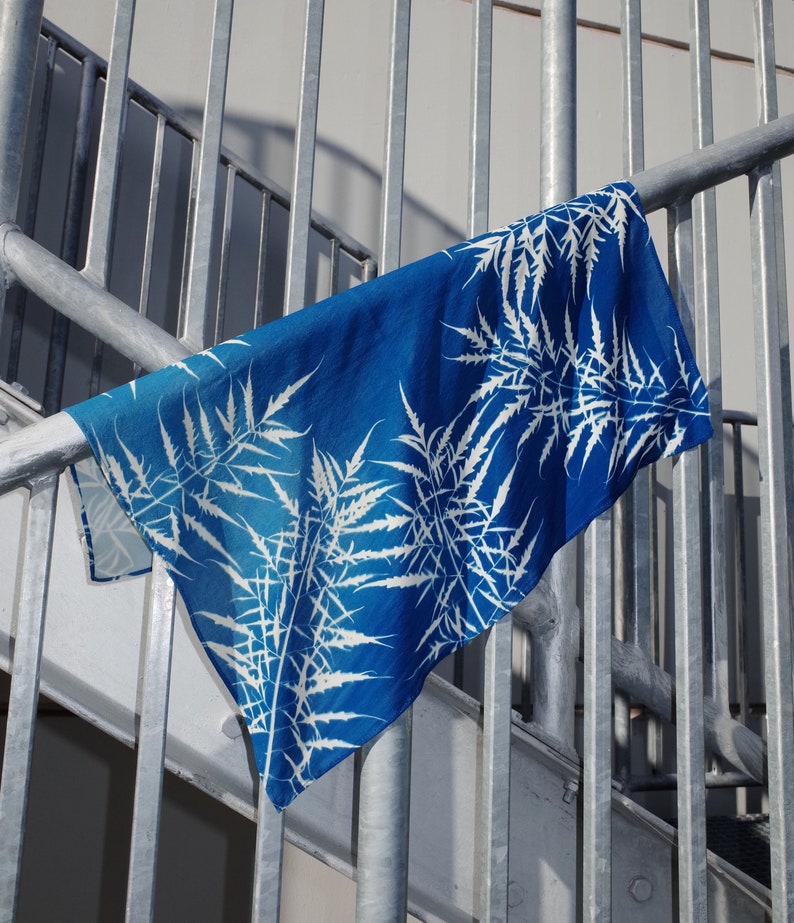 Cyanotype Soft Cotton Square Scarf with Botanical Print. Handprinted image 3