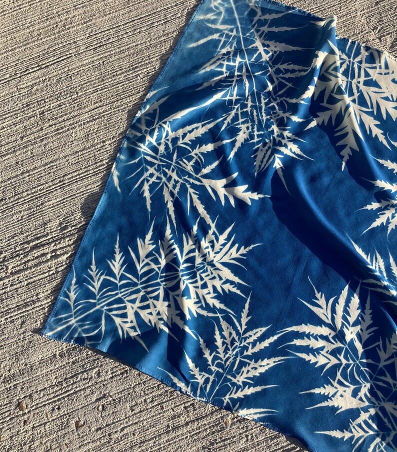 Cyanotype Soft Cotton Square Scarf with Botanical Print. Handprinted image 7