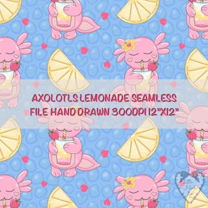 Puede incluir: Patrón sin costuras con ajolotes rosas bebiendo limonada, fresas y rodajas de limón sobre fondo azul. El texto "AXOLOTLS LEMONADE SEAMLESS FILE HAND DRAWN 300DPI 12"X12"" está presente. Pequeños corazones rojos.