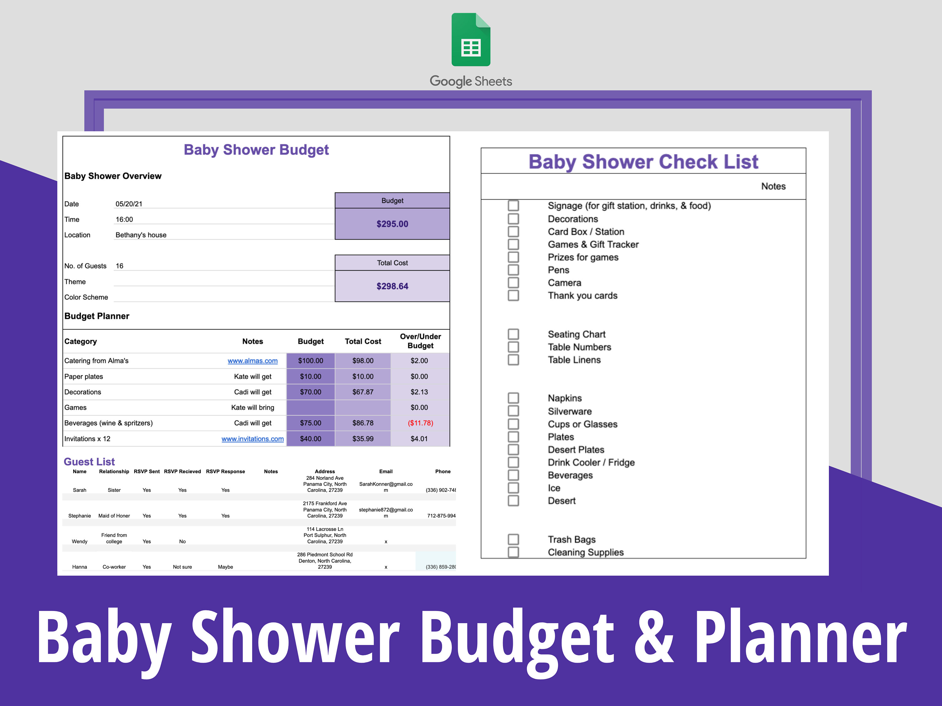 2020 Baby Shower Budget Spreadsheet | Checklist | Guest List - Etsy