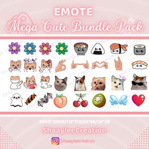May include: A pink graphic with the text "EMOTE Mega Cute Bundle Pack" and various cute emoji-style illustrations. The illustrations include flowers, cats, food, hand gestures, and other fun images. The bottom of the graphic has the text "ShaayleeCreation".
