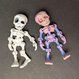 May include: Two articulated skeleton figures. One is white, the other is pink, purple, and blue. The skeletons have movable joints and detailed bone structures. They are posed on a dark gray surface.