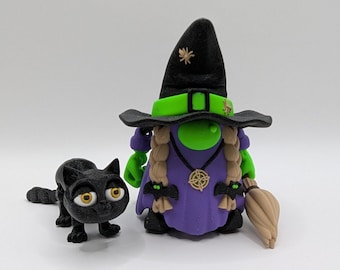 Fun Gnome Witch and Black Cat Halloween Decor Set, Multicolor 3D Print