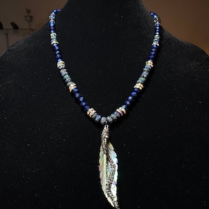 Dark Blue and Silver Swarovski Beaded Necklace with Abalone Shell Feather Charm