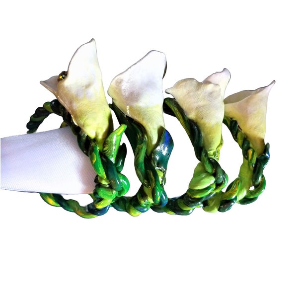 White Calla Lily Napkin Rings with Crystals Set of 4.