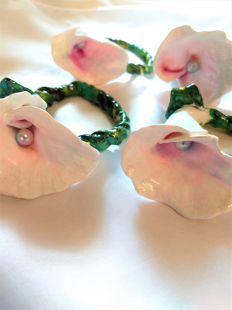 Spring Flowers Napkin Rings White Calla lily with Pink Center Handmade Set of FREE SHIPPING 4