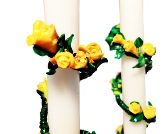 Elegant Dinning Taper Candles with Ceramic Yellow Rose Wraps (set).