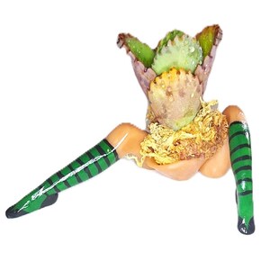 May include: A succulent plant with serrated, green and purple-tinged leaves sits atop a base shaped like two legs. The legs are painted with green and black horizontal stripes, resembling stockings, and are positioned in a seated, splayed pose.