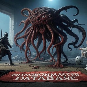 May include: A red banner with the text "Dungeon Master Database" on it. A multi-eyed, tentacled creature stands in the background, with a person in armor and a person in white robes on either side.