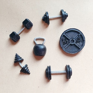 Dolls house miniatures. Tiny house furniture. Handmade. Gym weights dumbbells 1:12 scale. Gym equipment. Pumping iron. Weight lifting.