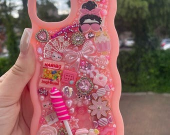 Phone case. Bling cover. Handmade. Junk. Personalised. Custom. Name. Pink. Unique. Gems. Diamante. Gift for her. Wavy silicone mobile